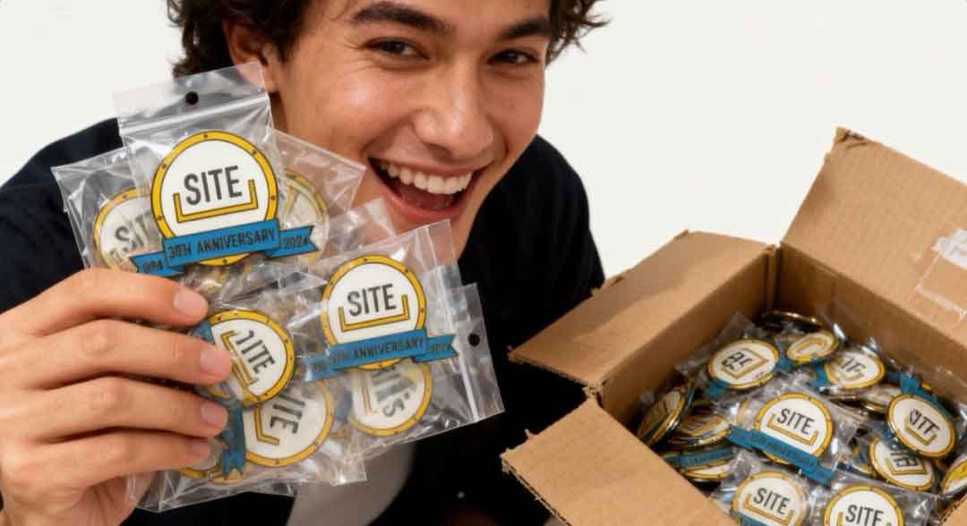 participants receiving custom pins at event